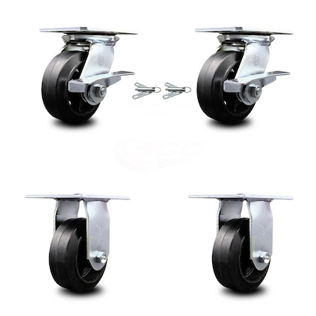 Service Caster 5 Inch Rubber on Steel Caster Brakes/Swivel Locks and 2 Rigid SCC, 2PK SCC-35S520-RSR-SLB-BSL-2-R-2